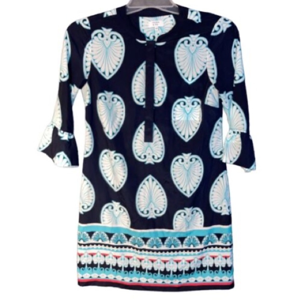 Crown & Ivy Blue Sheath Dress with 3/4 Bell Sleeves and Mandarin Collar